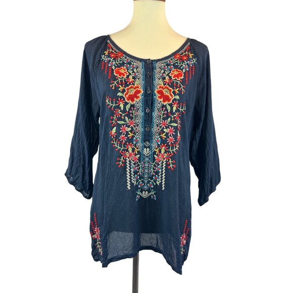 Johnny Was Tops - Johnny Was Navy Blue Embroidered Tunic Floral 3/4 Sleeves Lightweight Size M